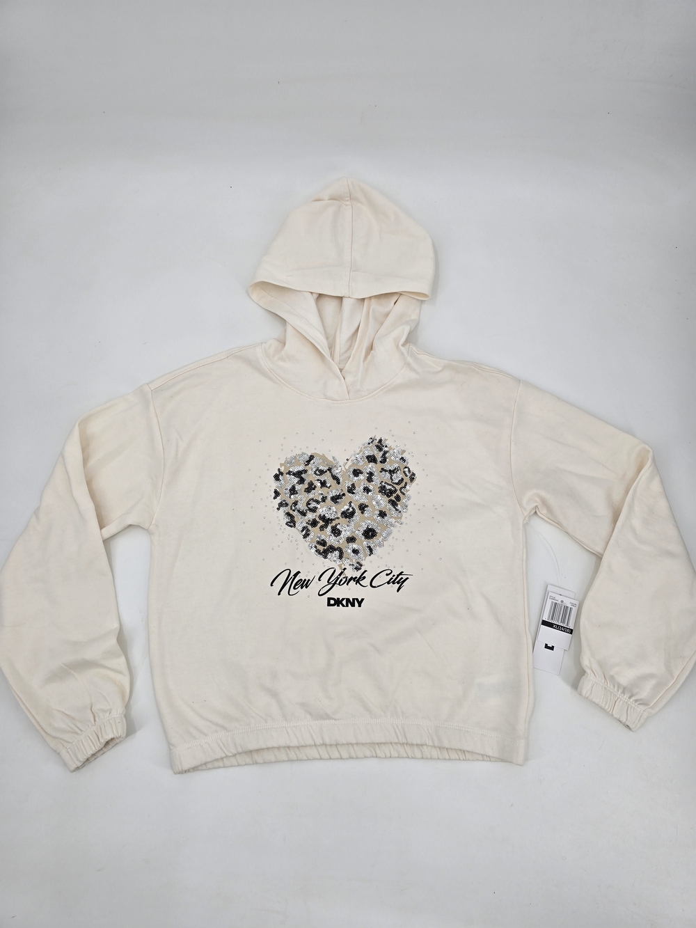 DKNY Girls Cream Hooded Sweater with Leopard Heart Graphic Size XL 14/16 NWT